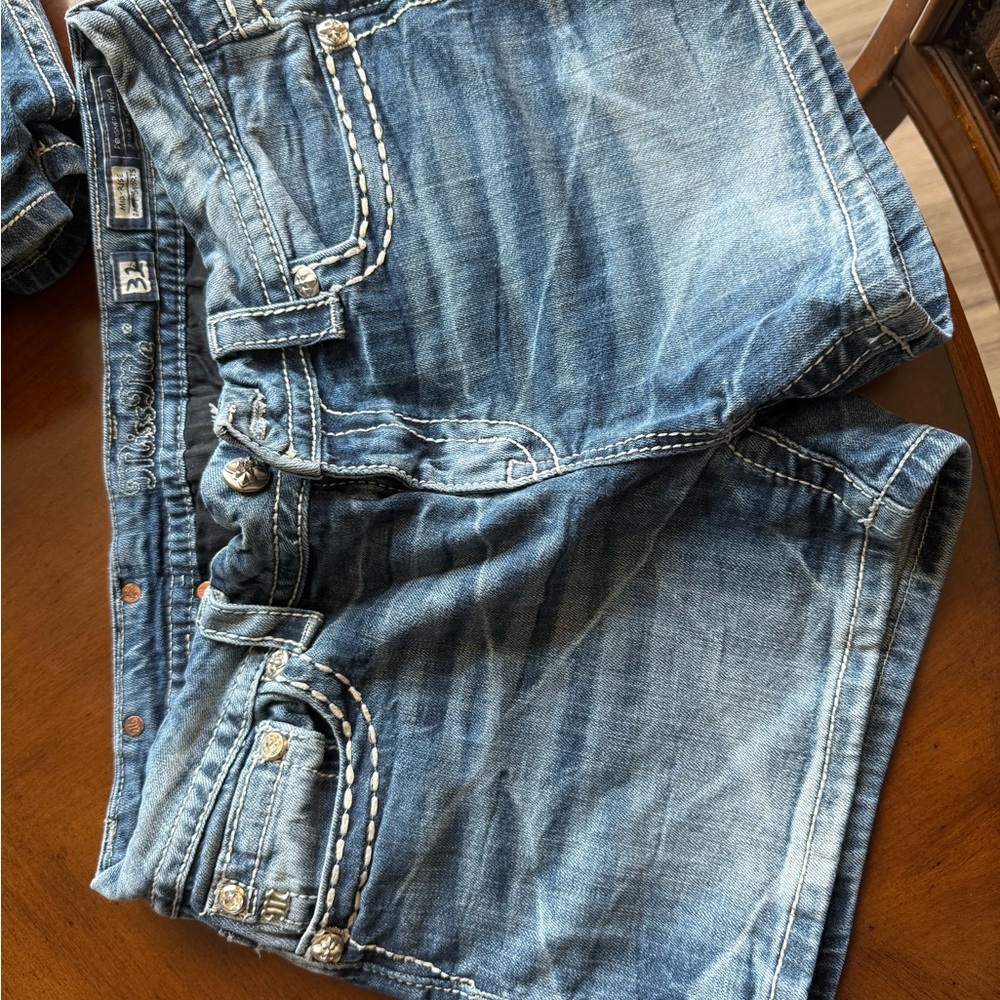 Miss Me Blue Denim Shorts with White Stitching